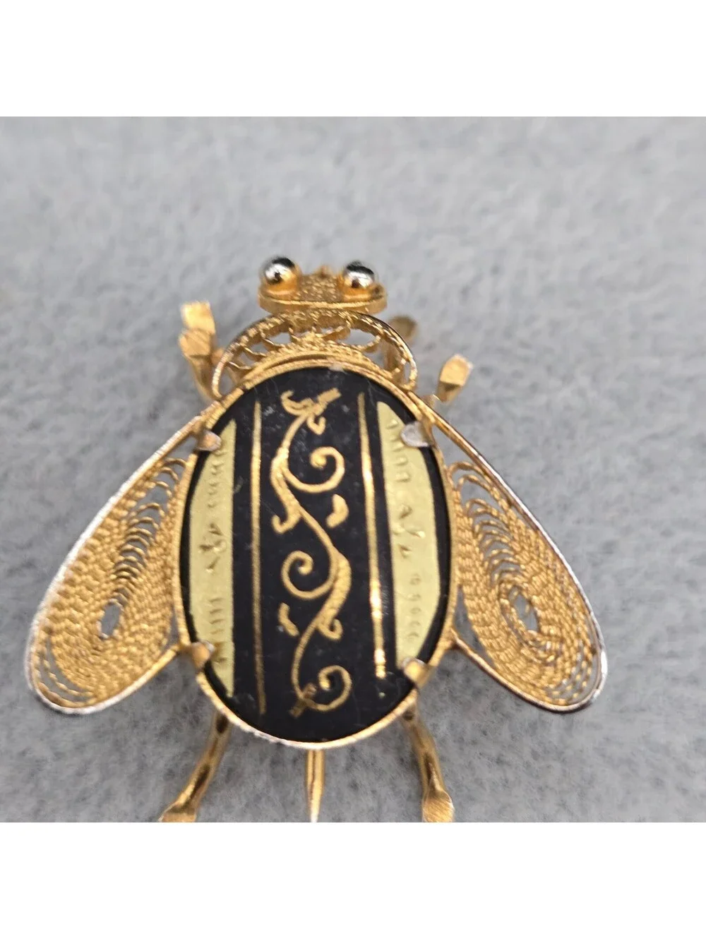 Vintage 1940s Spanish Damascene Fly Brooch Pin Toledo Gold Inlay Filigree Bug